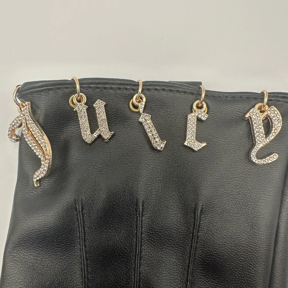 Juicy Couture Black Gloves Gold Rhinestone Dangle Bling Charm Faux Leather Y2K